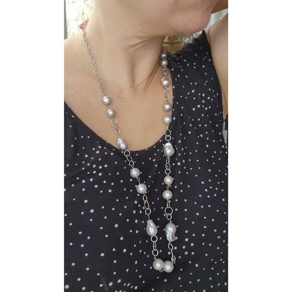 Signed LUC 925 CN Lucas Lameth Sterling Silver Gray Baroque Pearl Necklace long - Picture 9 of 10